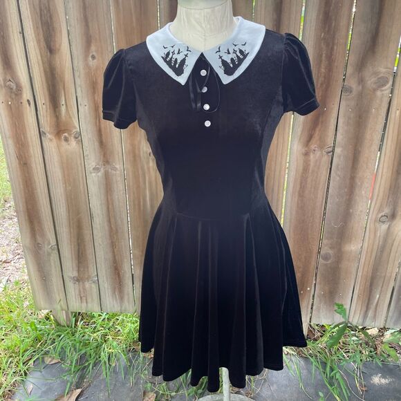 HELL BUNNY Cemetery Tombstone Collar Gothic wednesday Tea Knee DRESS UK 10 Small - Picture 1 of 8